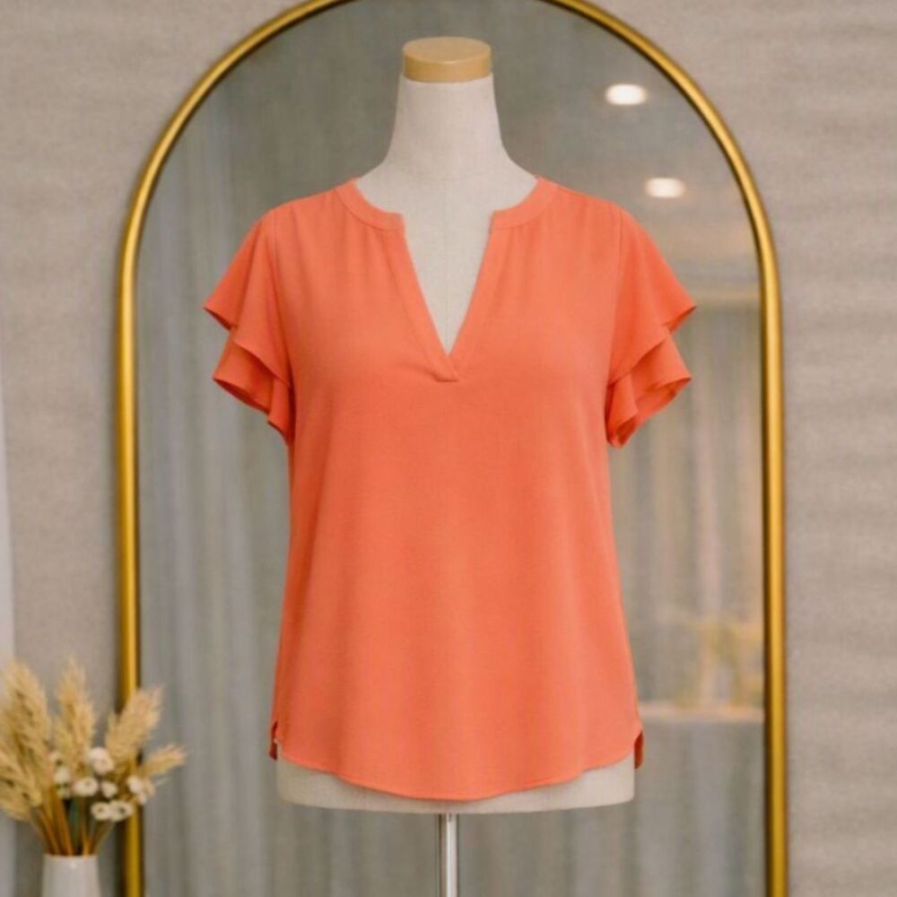Adrianna Papell Women's Ruffle Sleeve V‑Neck Blouse Apricot Sorbet Small